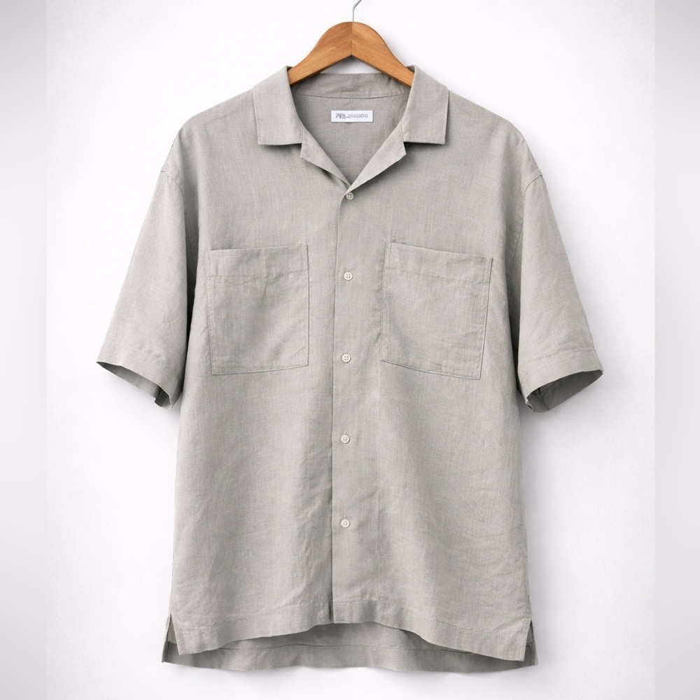 ZARA 100% Linen Camp Collar Shirt Men’s XL Stone Beige Short Sleeve